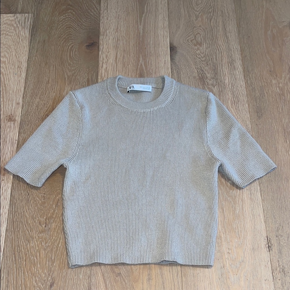 Zara Beige Ribbed Knit sweater Crew neck short sleeve top oatmeal size large